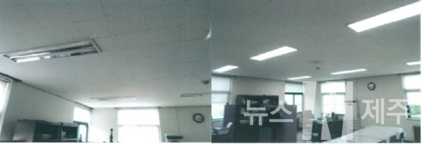 개선전 형광등(좌), 개선후 LED등(우)