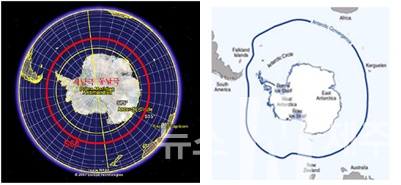 남극의 범위(그리니치 자오선 기준)(그림 좌)남극의 범위(남극 수렴선 기준)(그림 우)
